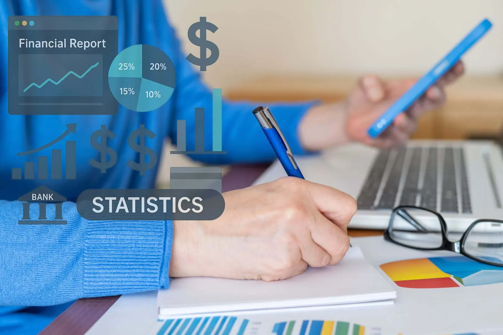 A person analyzing statistics with charts and a calculator.