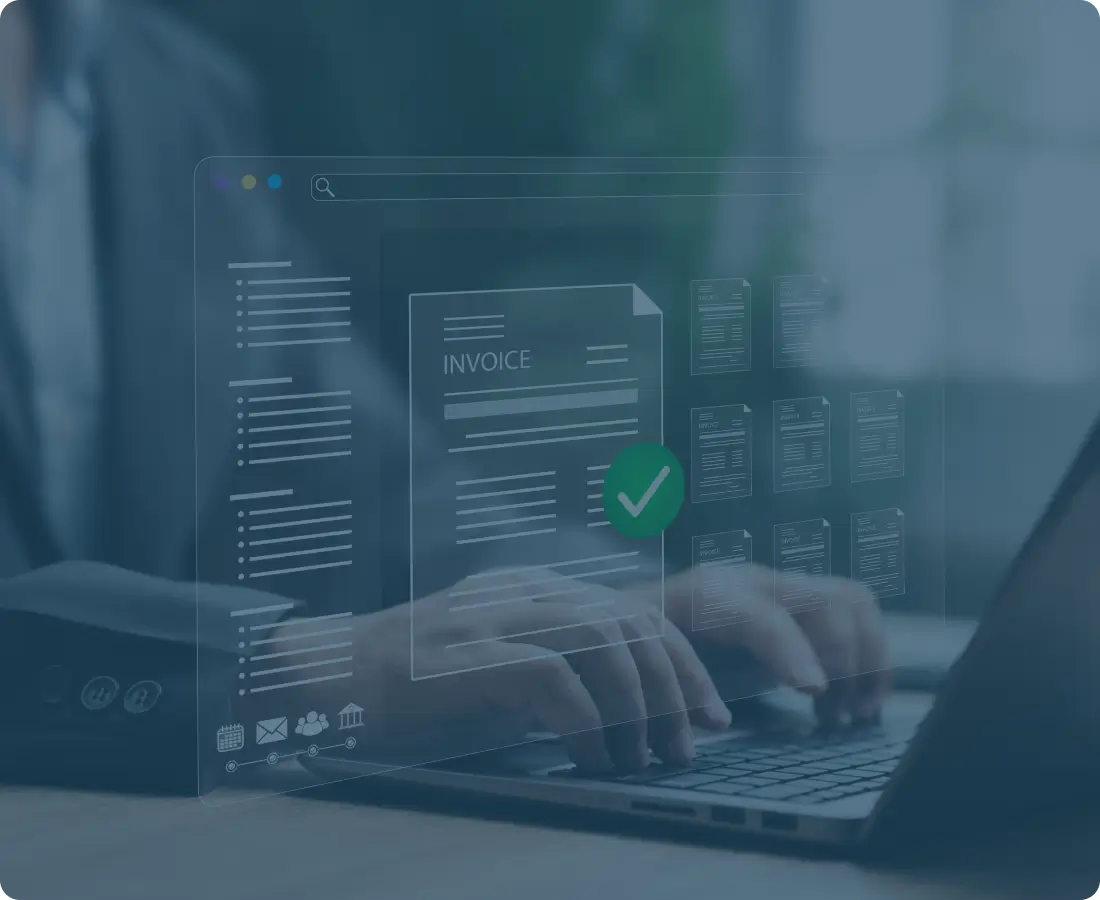 Digital invoice on laptop screen with checkmark.